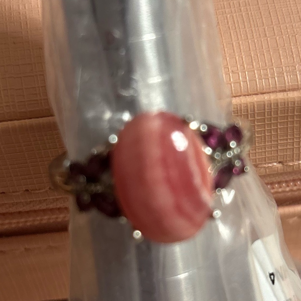 STS Sterling Silver Rhodochrosite Center w: Rhodolite Garnet Butterflies Ring 10